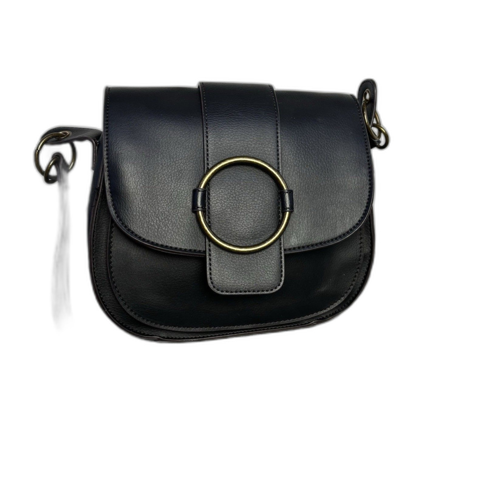 A.N.A. Black Leather Chunky Crossbody Bag Adjustable Strap Brass Accents EUC